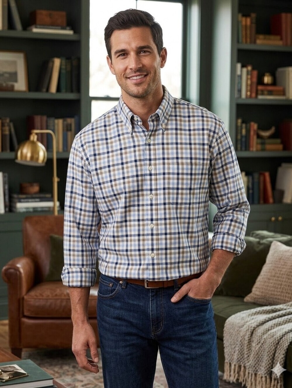 Overton Men's Button-Down Plaid Shirt in Blue and Tan